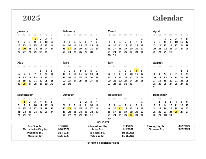 2025 Printable Calendar With Holidays Pdf Free Download Google Drive