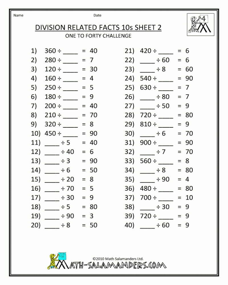 4th Grade Math Facts Worksheets Printable Free Math Worksheets Printable