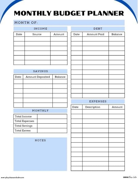 6 Free Printable Monthly Budget Planner