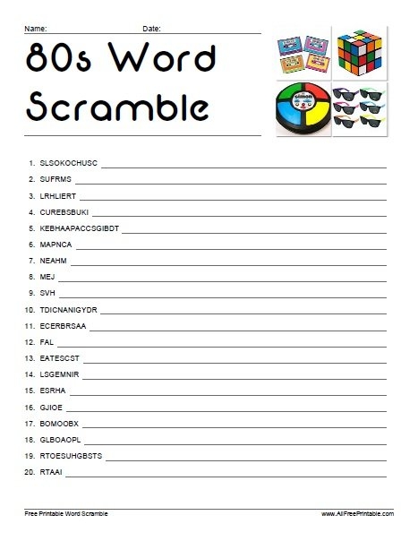 80s Word Scramble Free Printable