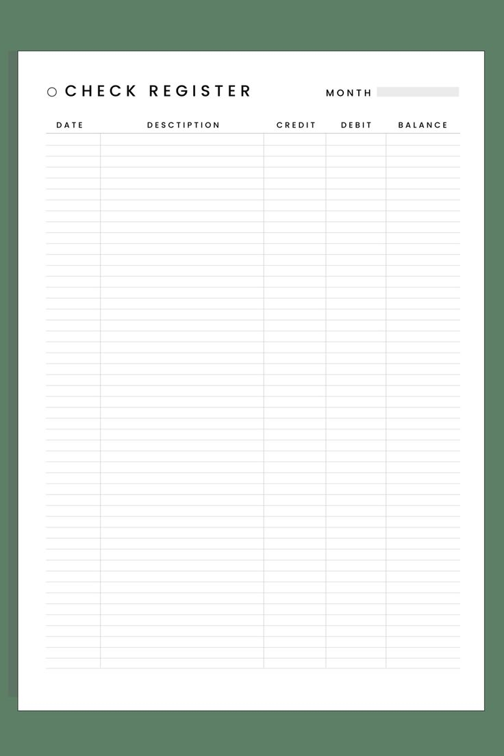 A Printable Check Register Is Shown With The Words 39 check Register 39 on It