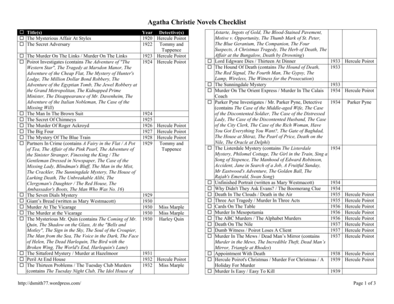 Agatha Christie Books In Order Printable List