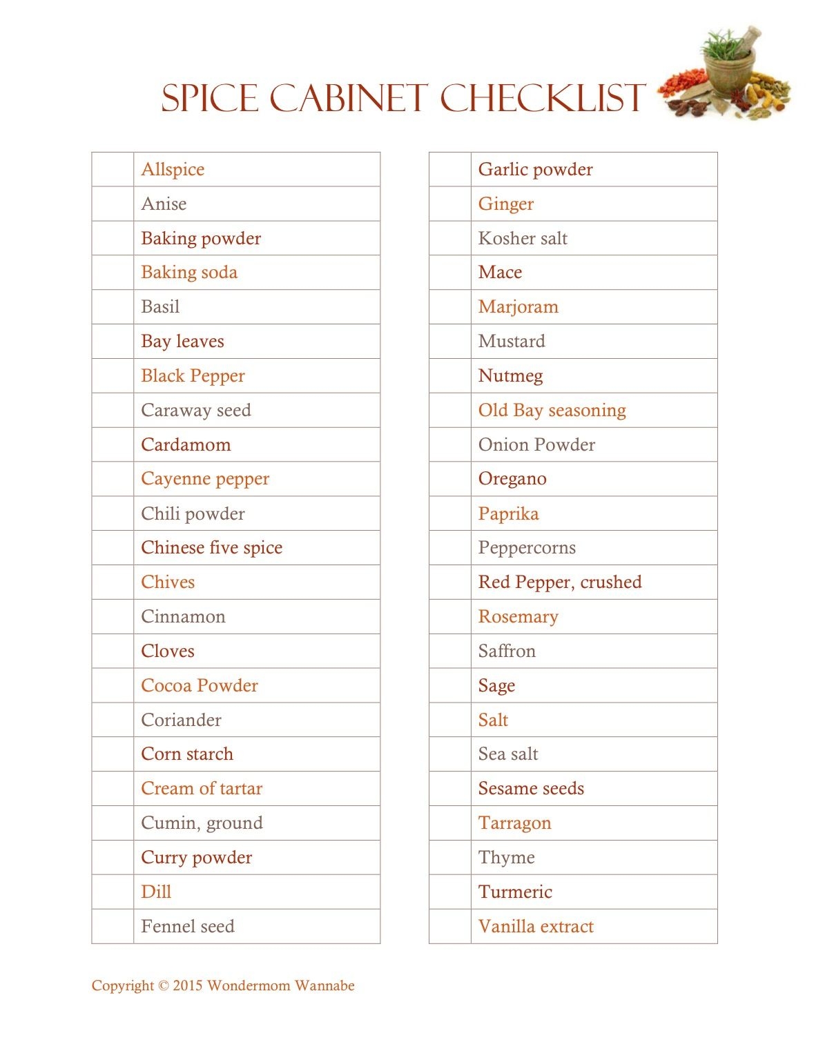 Alphabetical Spice List Printable Printable Calendars AT A GLANCE