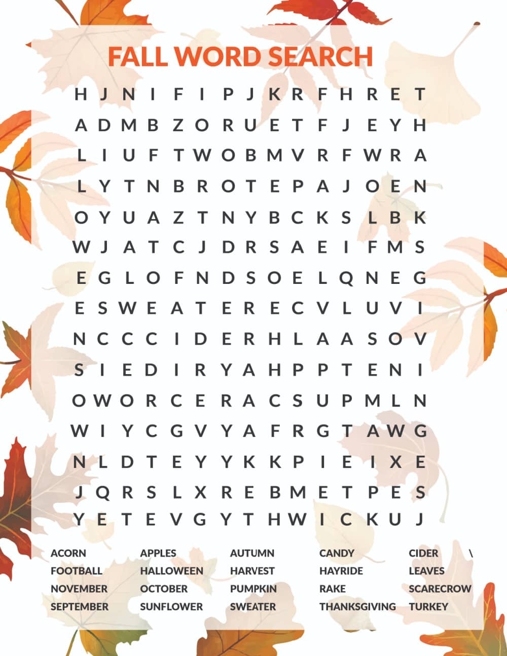 Autumn Word Search Printable Word Search Printable