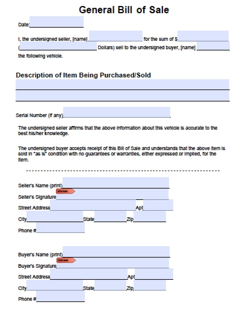 Blank Printable General Bill Of Sale Template Word Printables