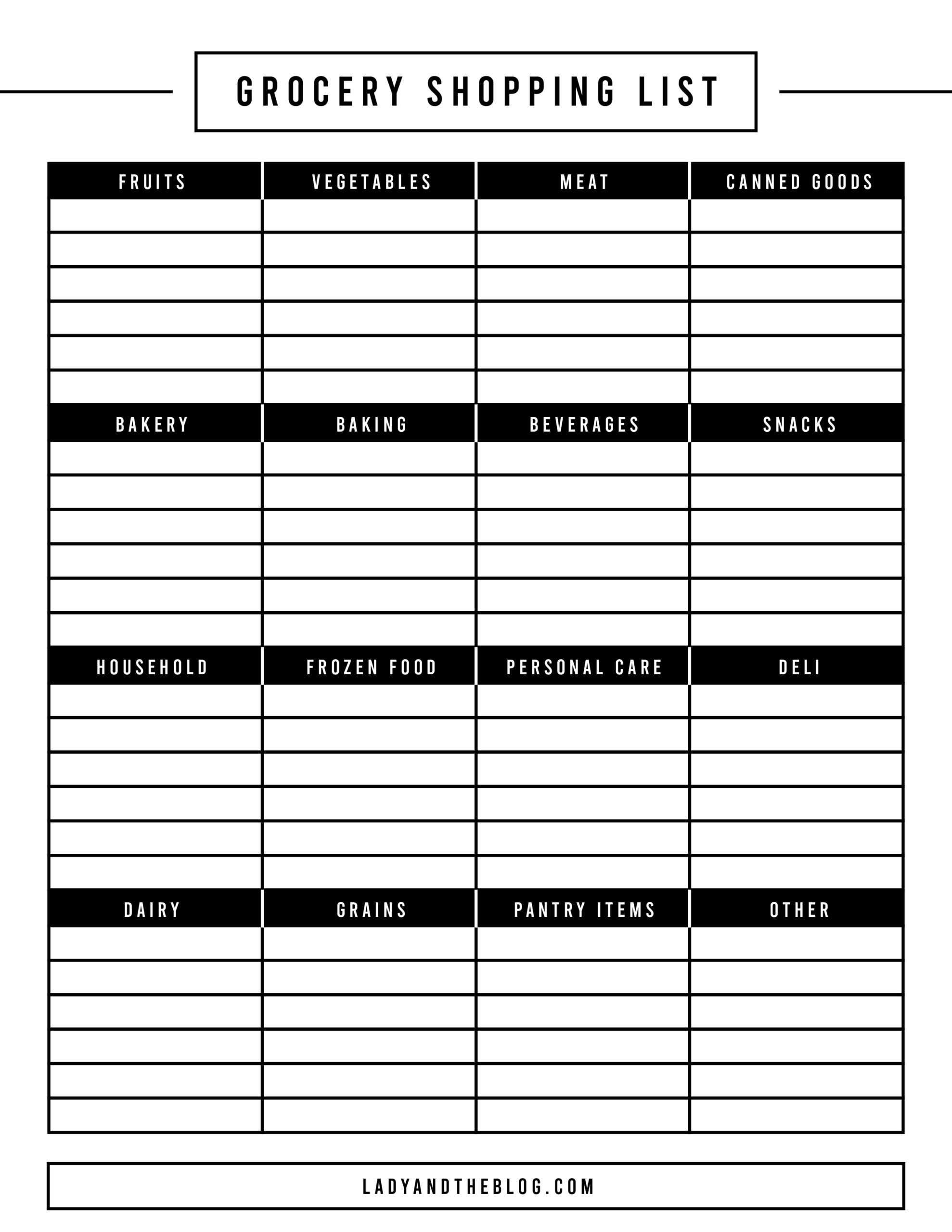 Blank Shopping List Printable