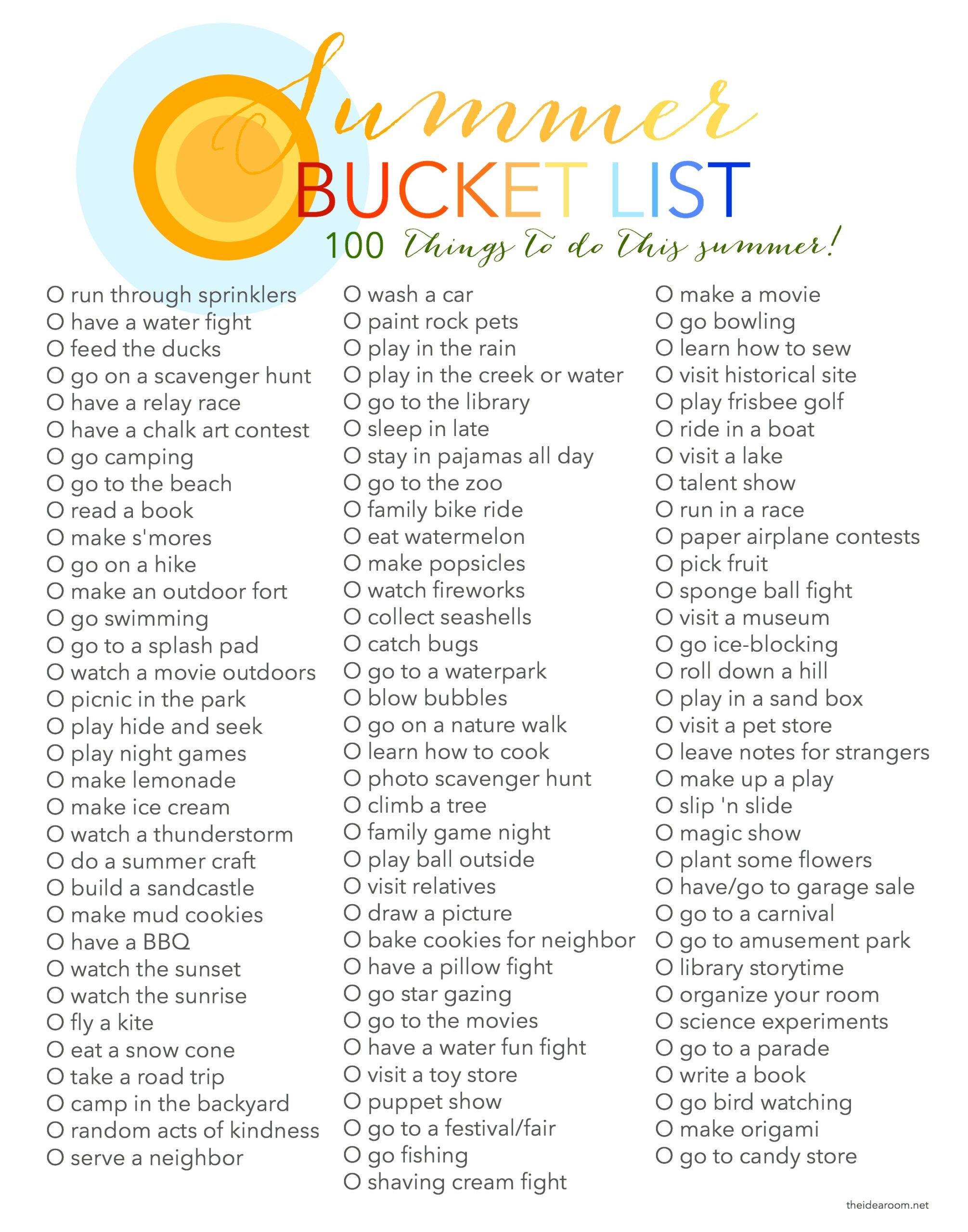 Blank Summer Bucket List Printable