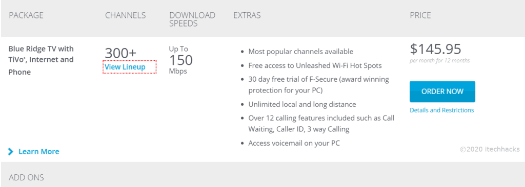 Blue Ridge Cable Channels Packages List With Numbers