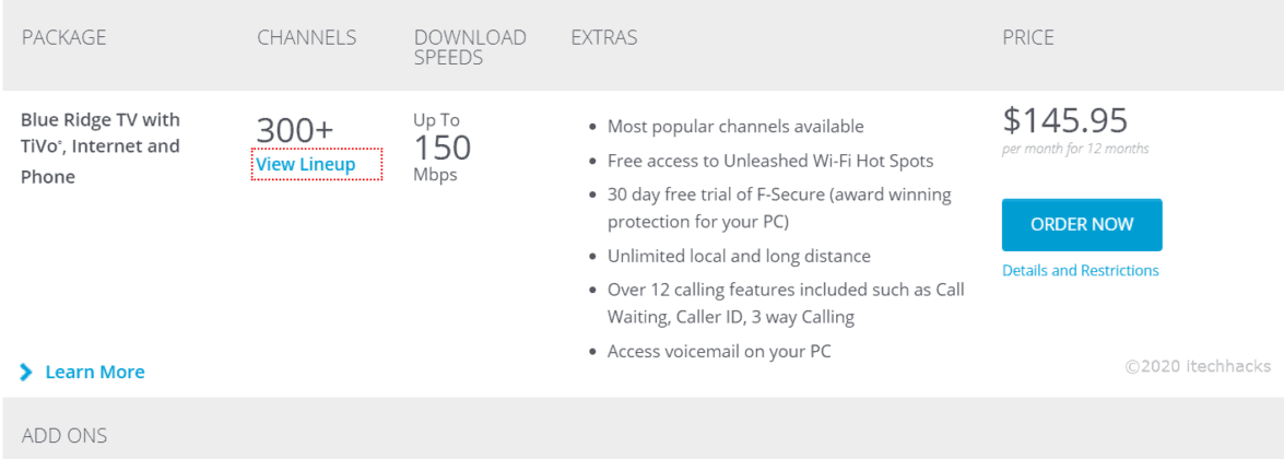 Blue Ridge Cable Channels Packages List With Numbers