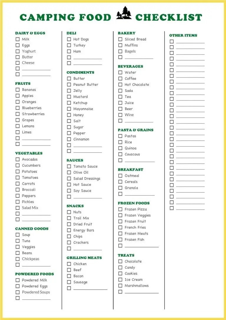 Camping Food List Printable Printable Calendars AT A GLANCE