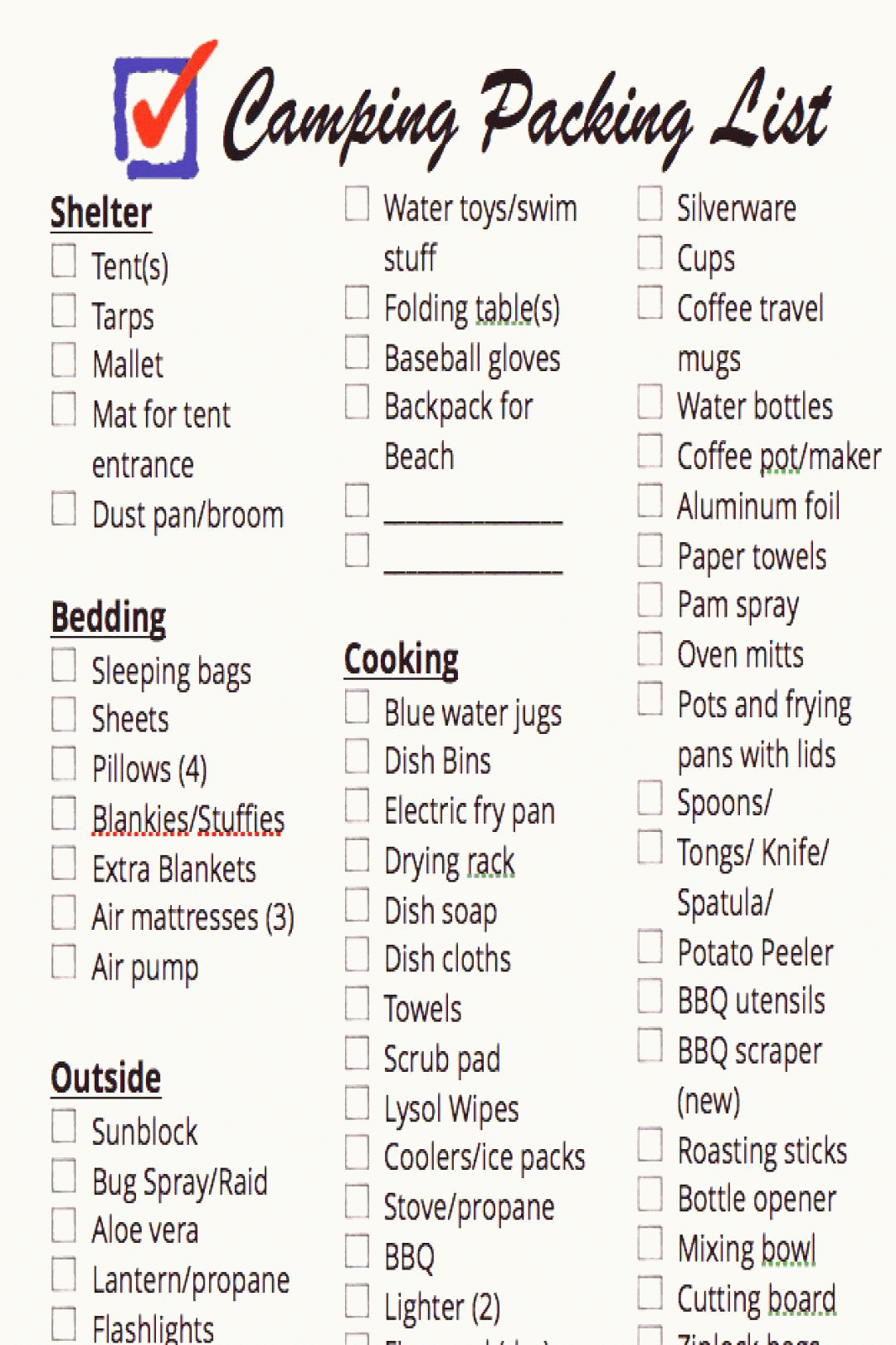 Camping List Printable