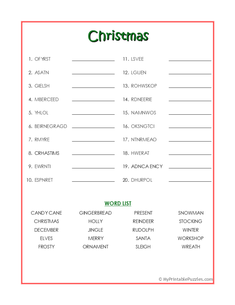 Christmas Word Scramble My Printable Puzzles