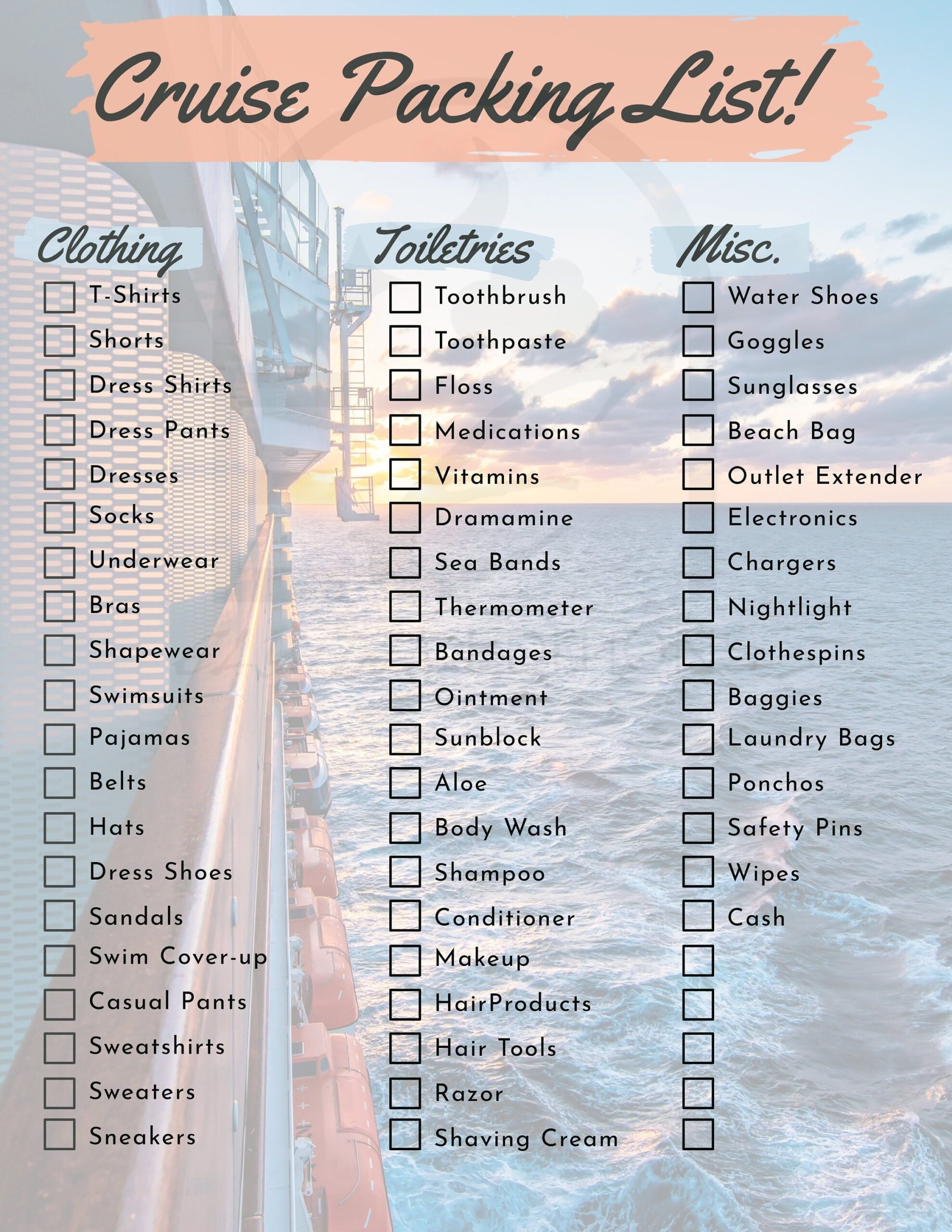 Digital Download Cruise Packing List Printable PDF Letter Size Etsy