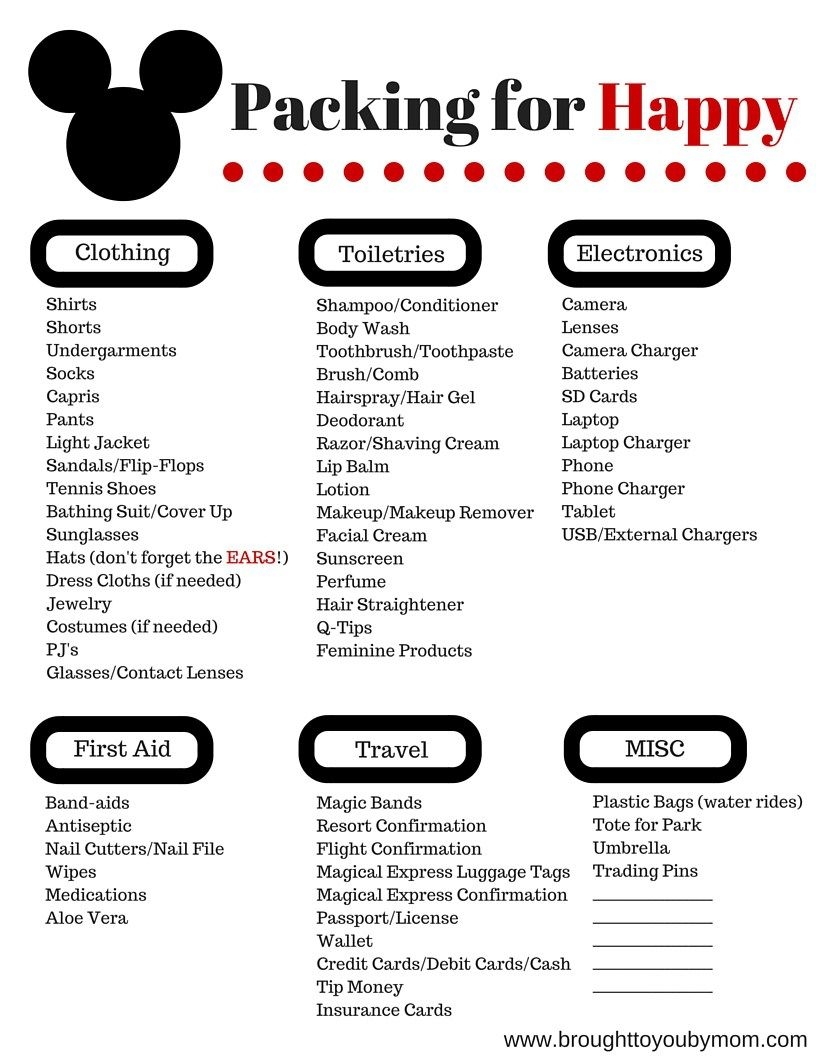 Disney Packing List Printable Bill L Sthilaire