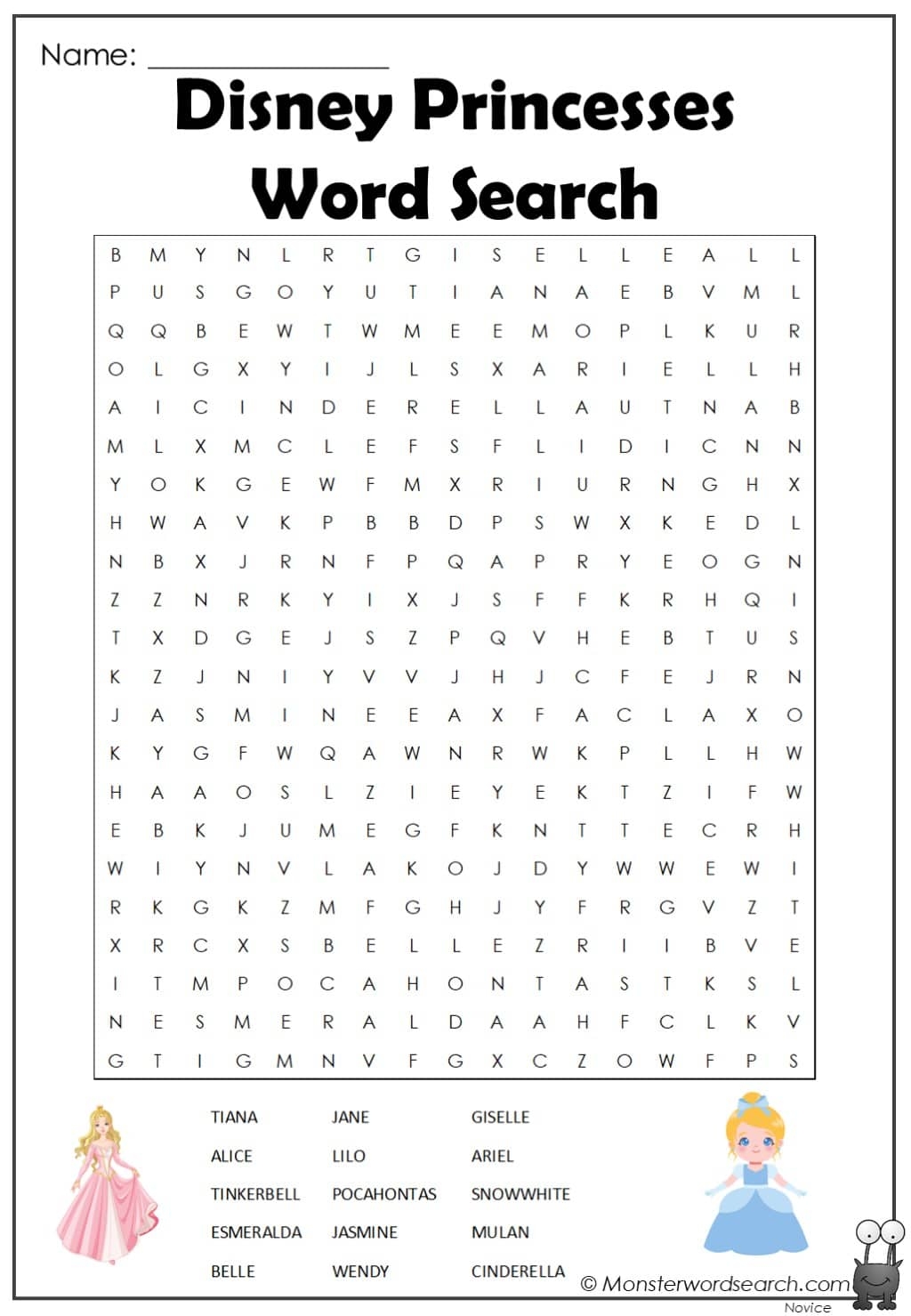 Disney Princesses Word Search Monster Word Search