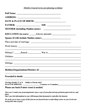 Fillable Funeral Pre Planning Worksheet Edit Print Download Form