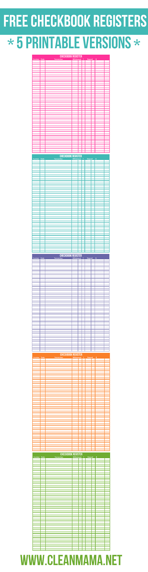 Free Checkbook Registers 5 Printable Versions Clean Mama Free 