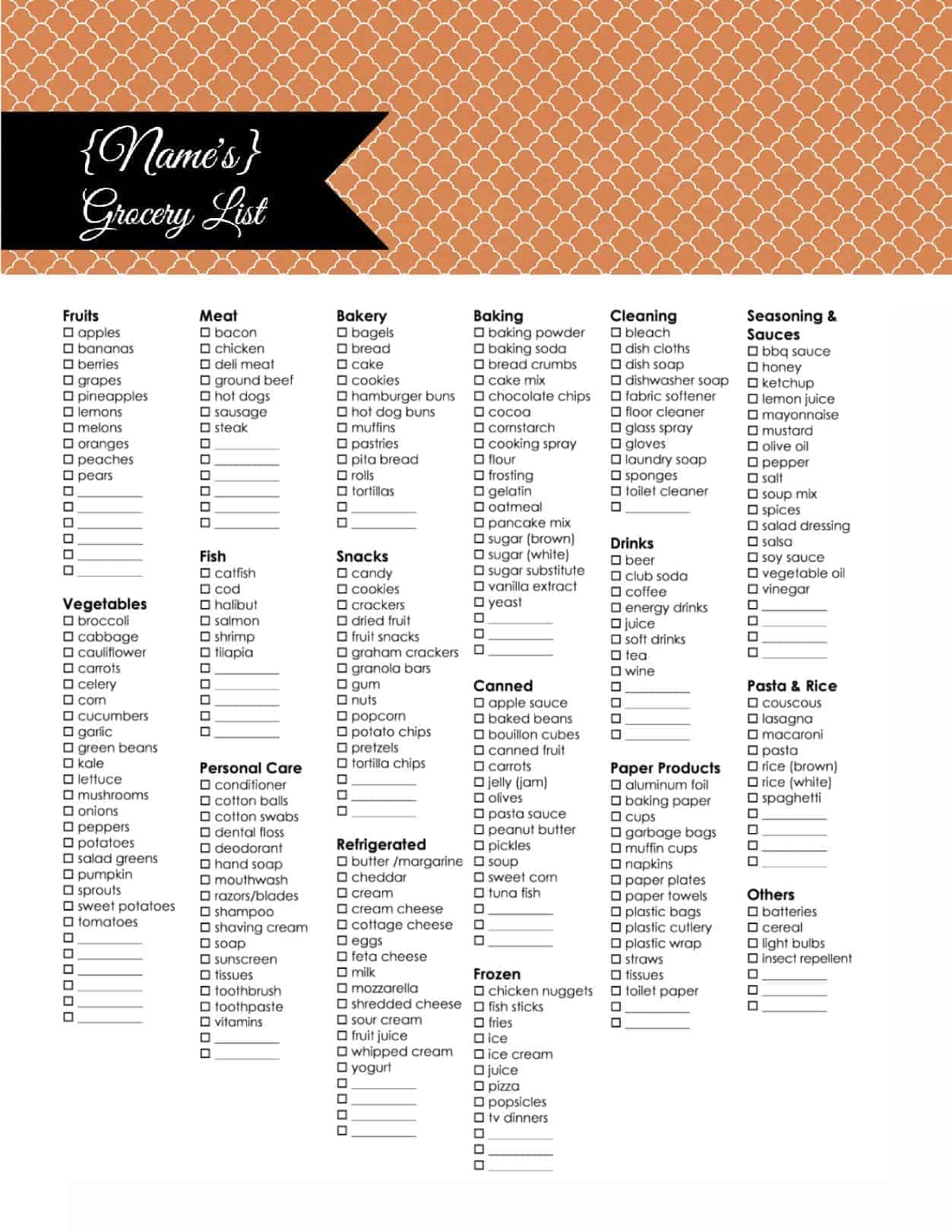 Free Grocery List Template Printable