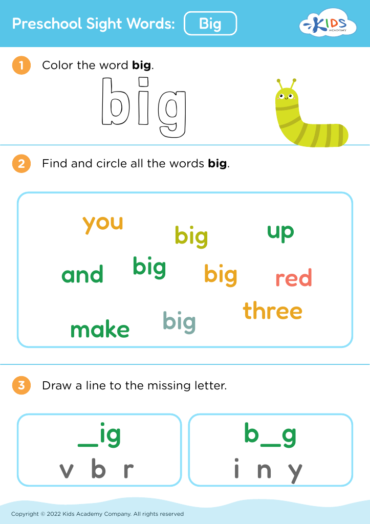 Free Preschool Sight Words Big Worksheet For Kids