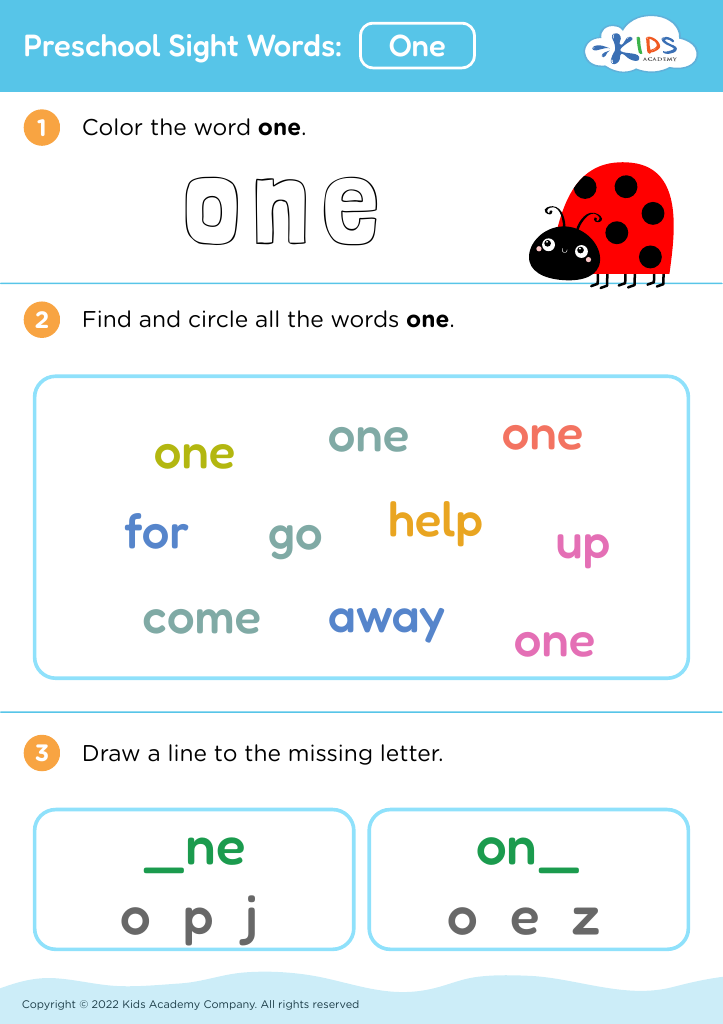Free Preschool Sight Words One Worksheet For Kids