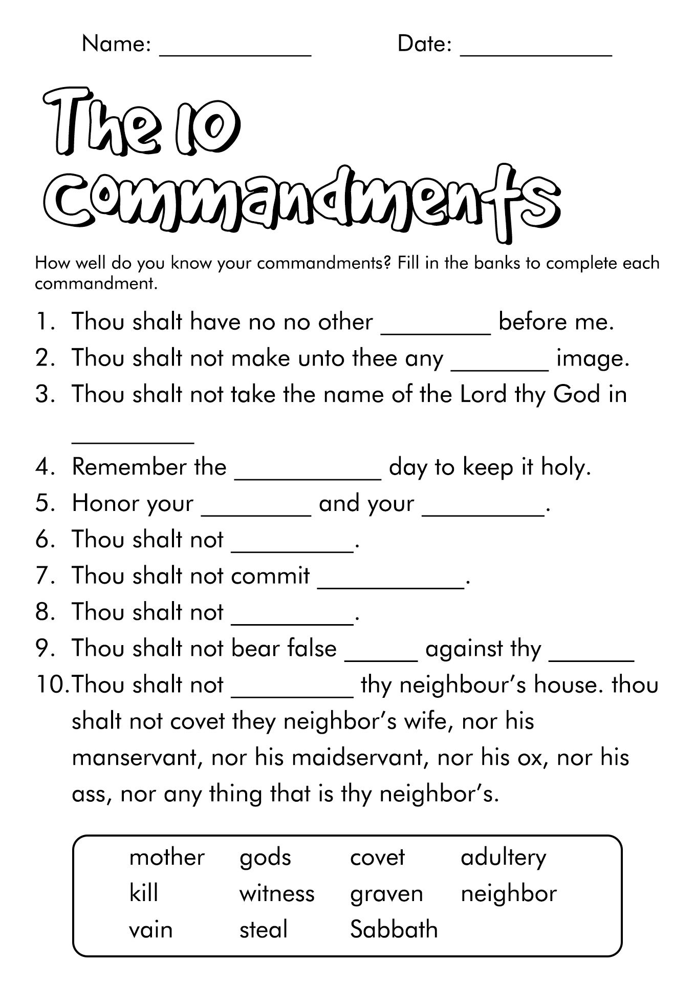 Free Printable 10 Commandments Printable Worksheets Printable 