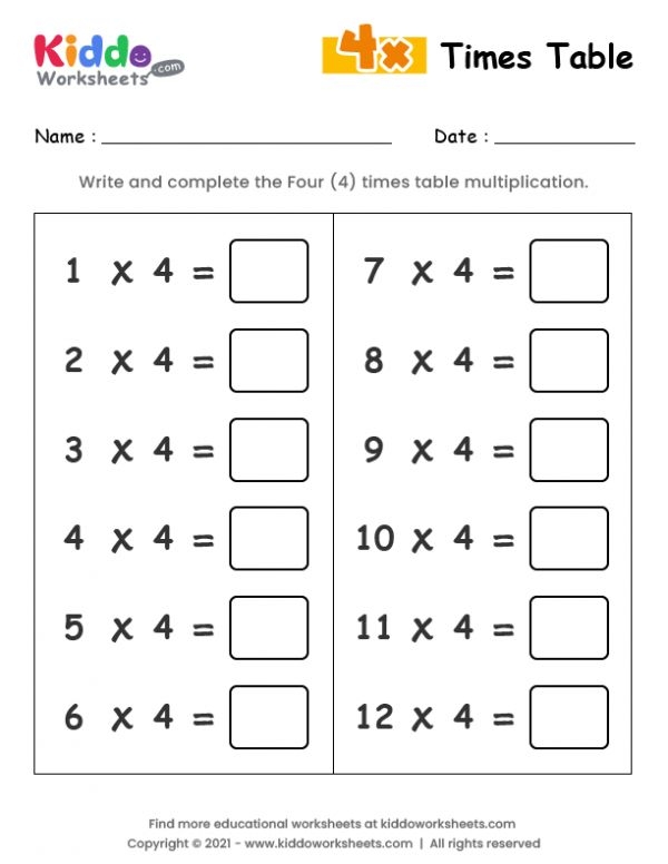 Free Printable 4 Times Table Worksheet Worksheet Kiddoworksheets