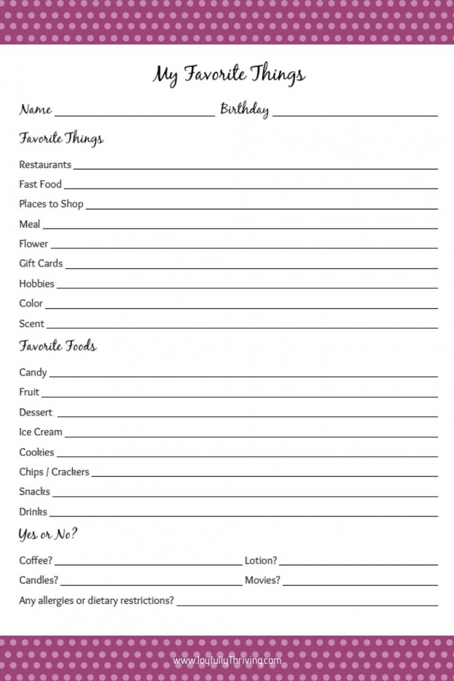 Free Printable Employee Favorite Things List FREE Printable HQ