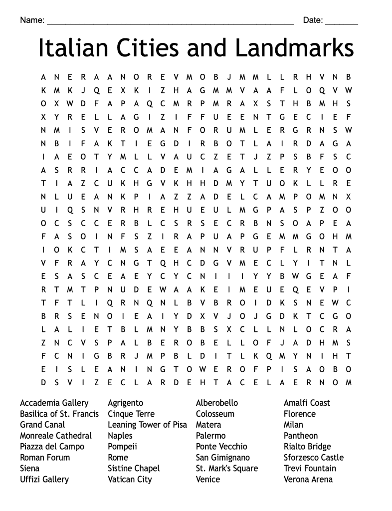 Free Printable Italian Word Search Word Search Maker