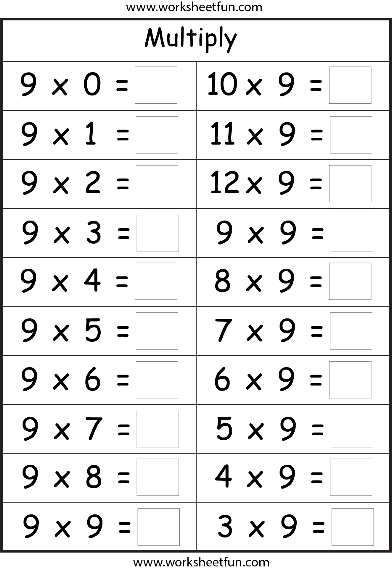 Free Printable Multiplication Worksheets 9 Times Table Sidetere