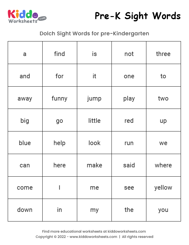 Free Printable Pre K Sight Word Worksheets Worksheets Library