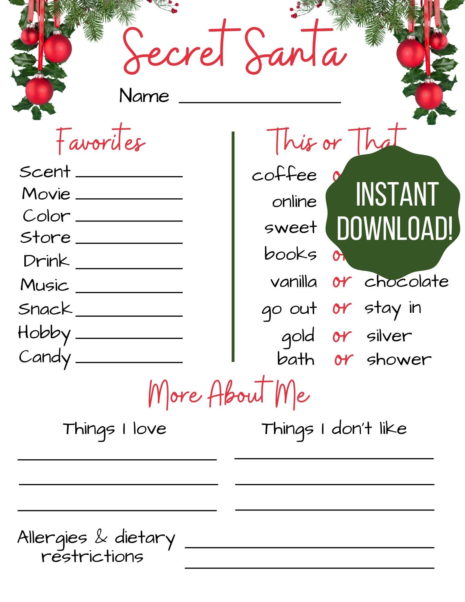 Free Printable Secret Santa Questionnaire Form Pdf Download Free 