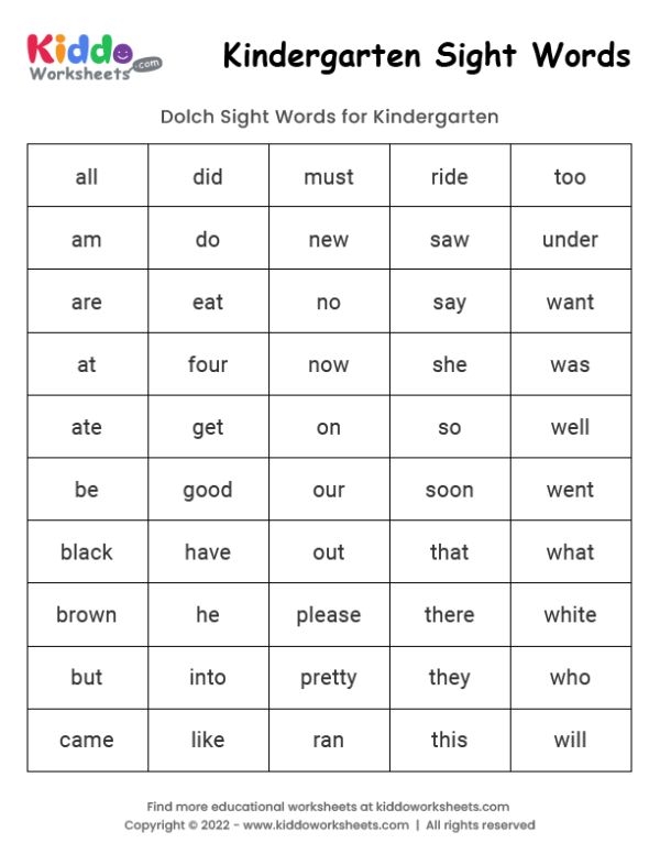 Free Printable Sight Words Kindergarten Worksheet