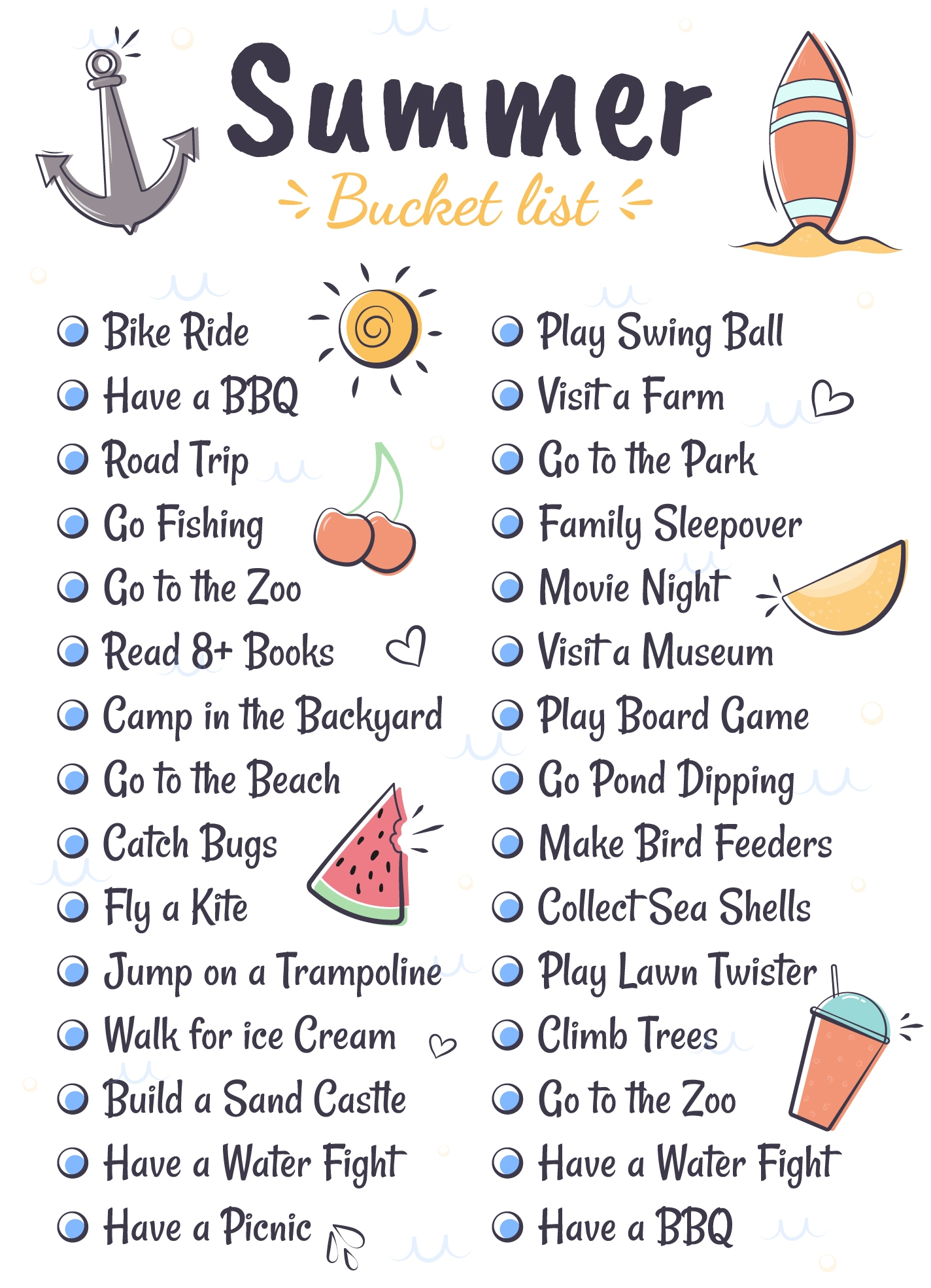 Free Printable Summer Bucket List Ideas Template Paper 50 OFF