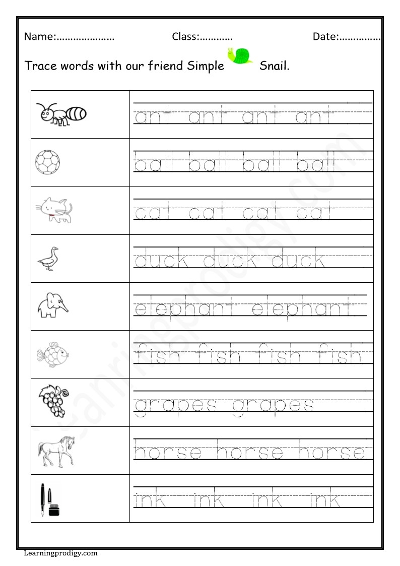 Free Printable Words Tracing Practice Worksheet With Pictures 