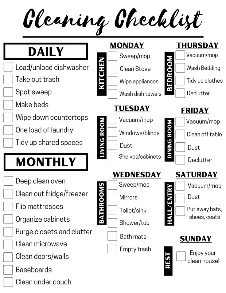 FULLY EDITABLE Daily Weekly Monthly Cleaning Checklist CUSTOMIZABLE