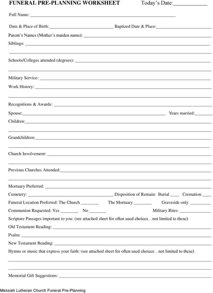 Funeral Pre Planning Worksheet Db excel