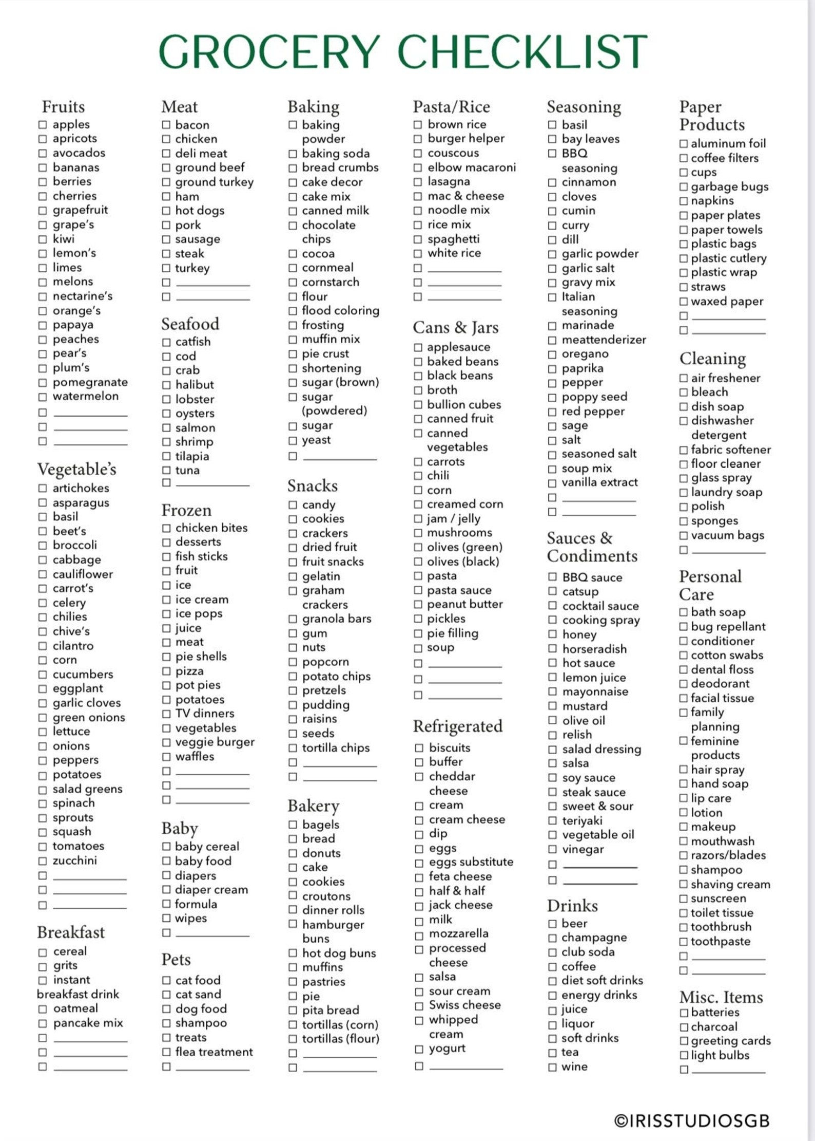 Grocery List Food Shopping List Printable Digital Etsy Printable