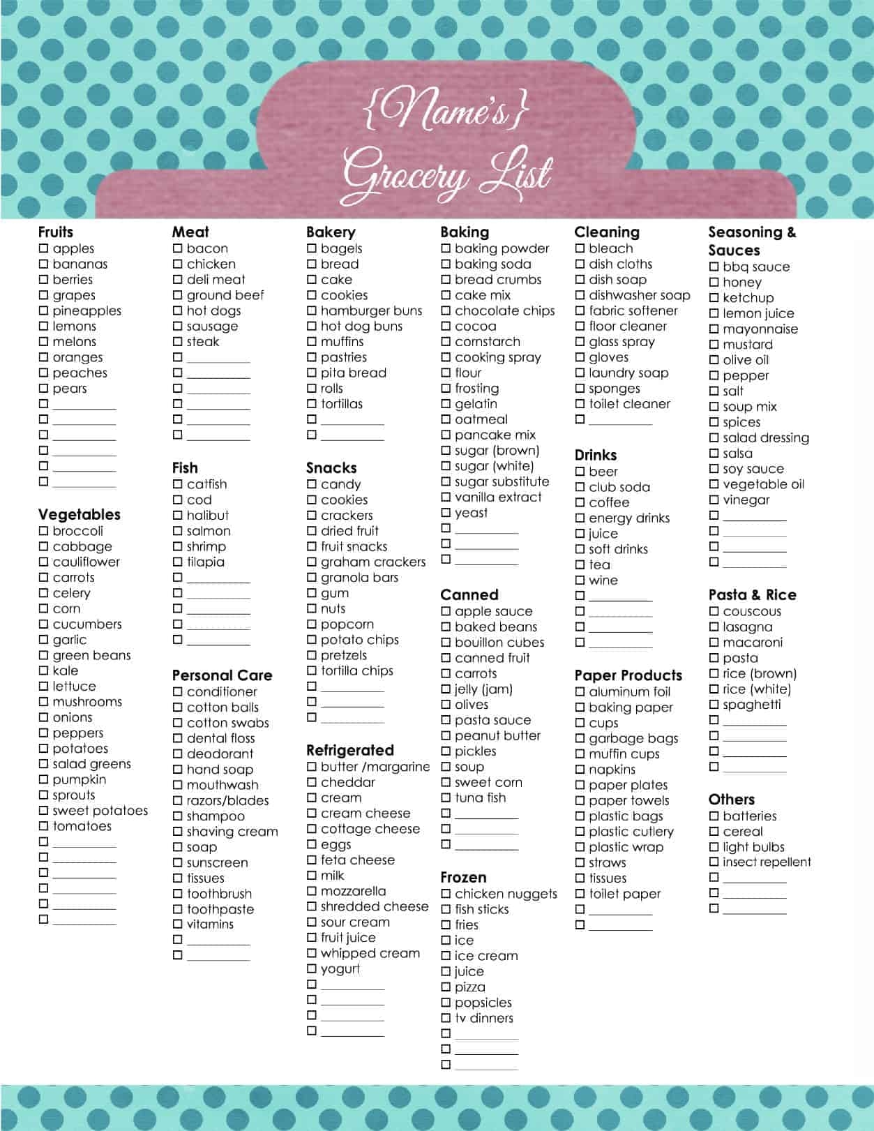 Grocery List Template Free Printable