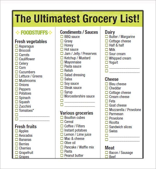 Grocery List Template Grocery Lists Printable Grocery List Template