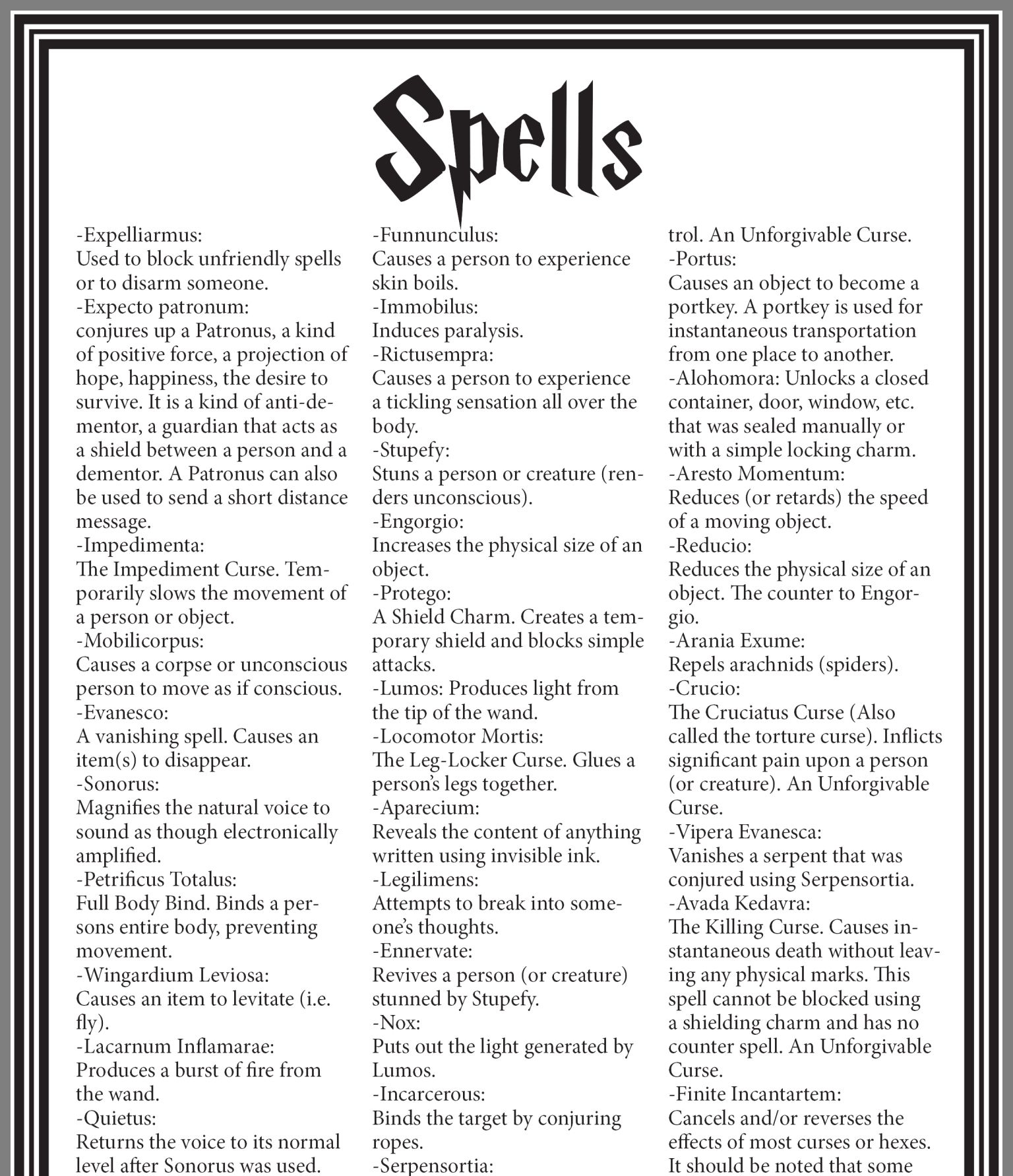 Harry Potter Spells List Printable Printable Calendars AT A GLANCE
