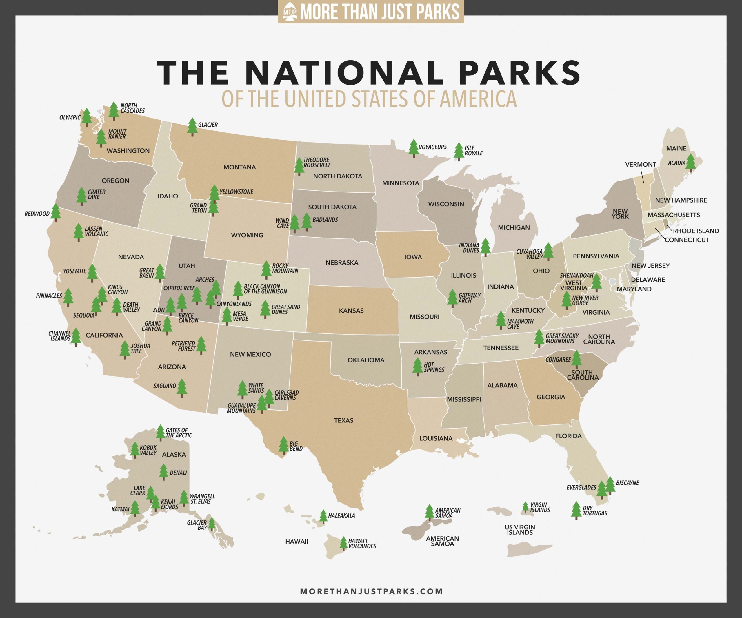 Helpful List Of NATIONAL PARKS By State Printable MAP 
