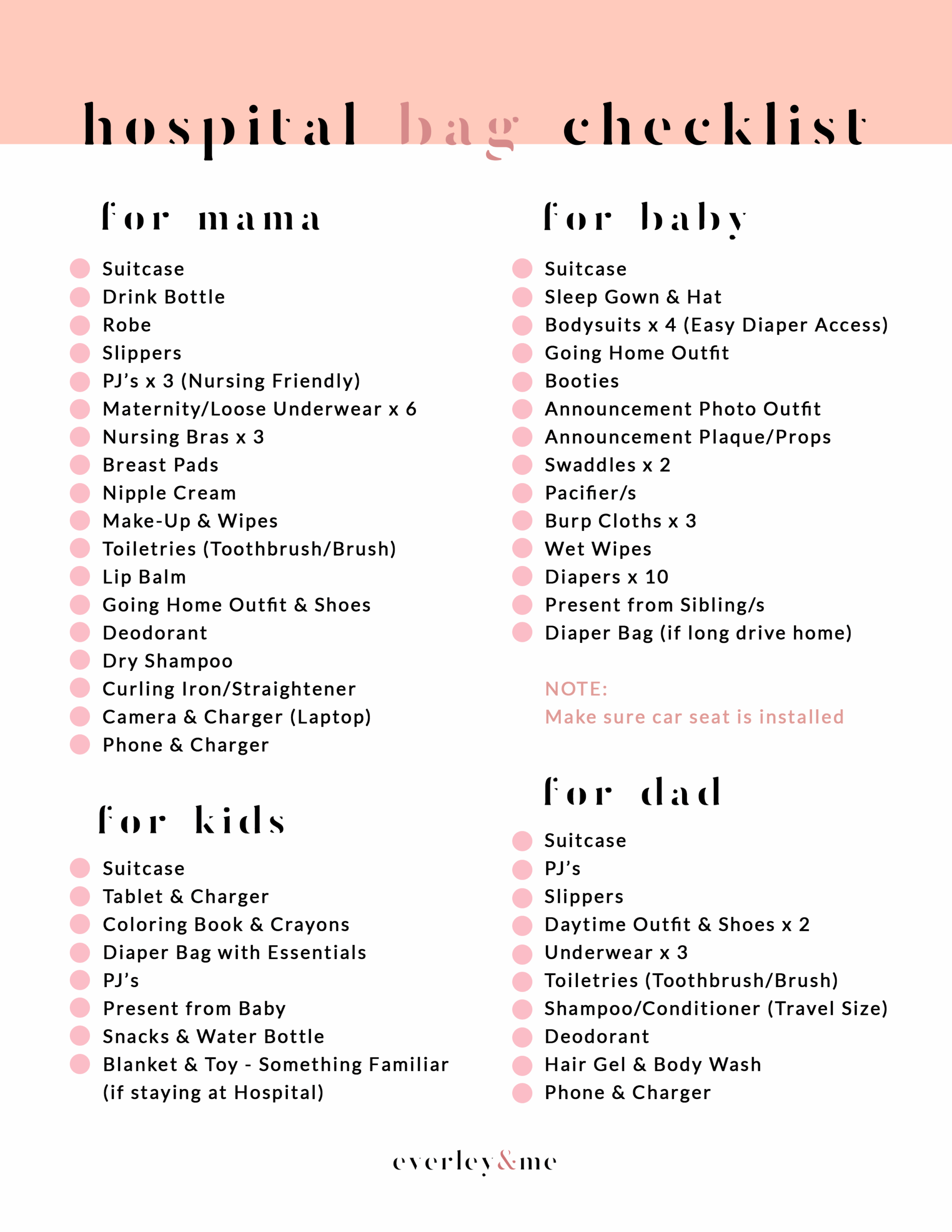 Hospital Bag Printable Checklist