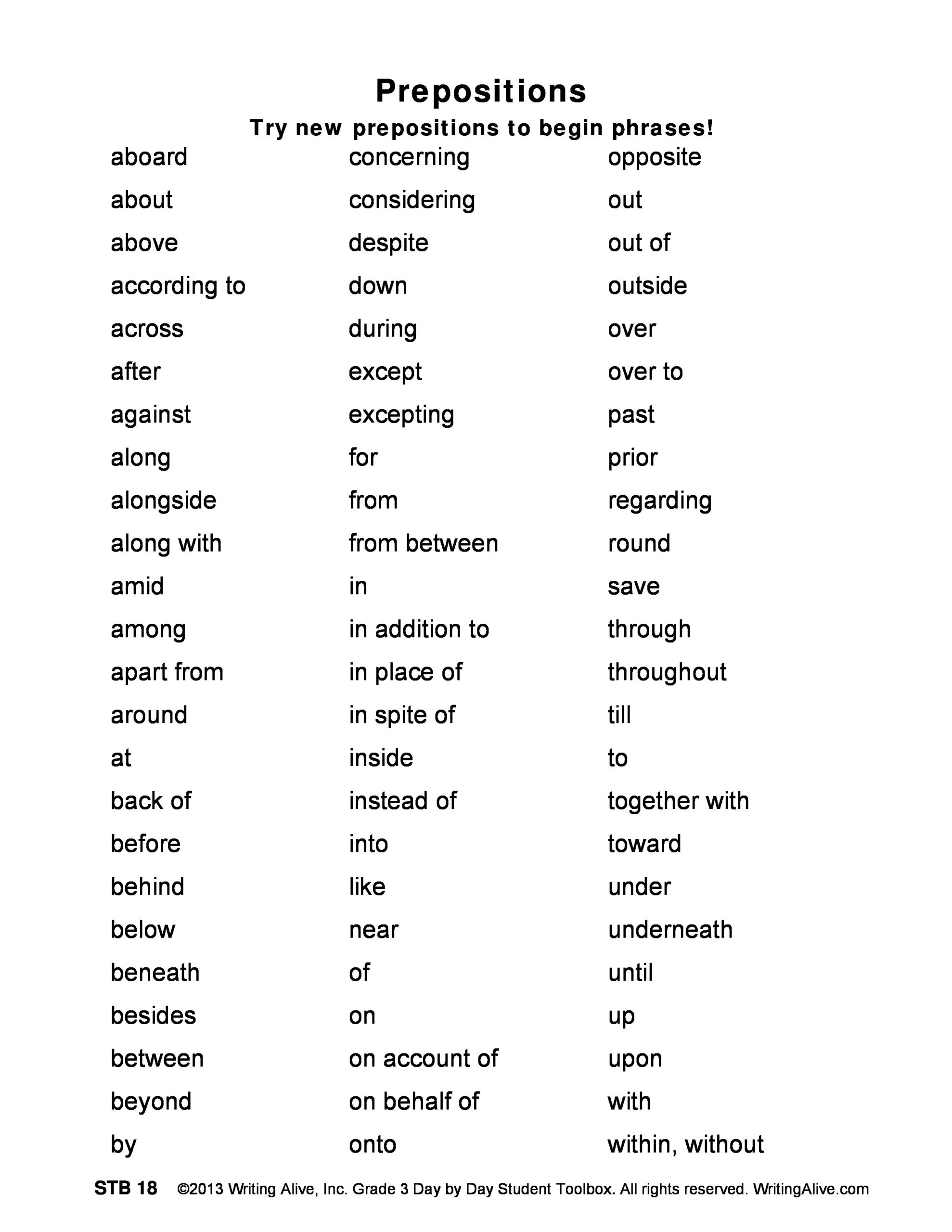 List Of Prepositions Printable