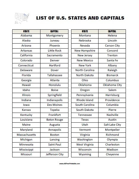 List Of US States And Capitals Free Printable