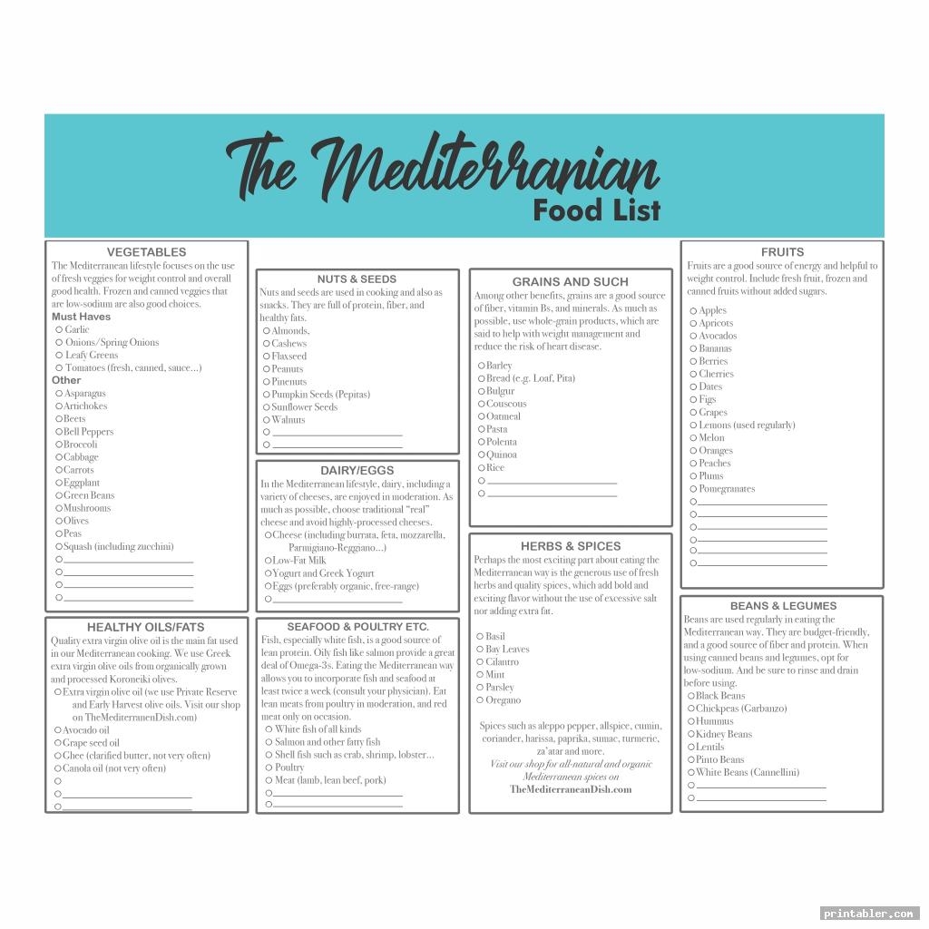 Mediterranean Diet Food List Printable Gridgit
