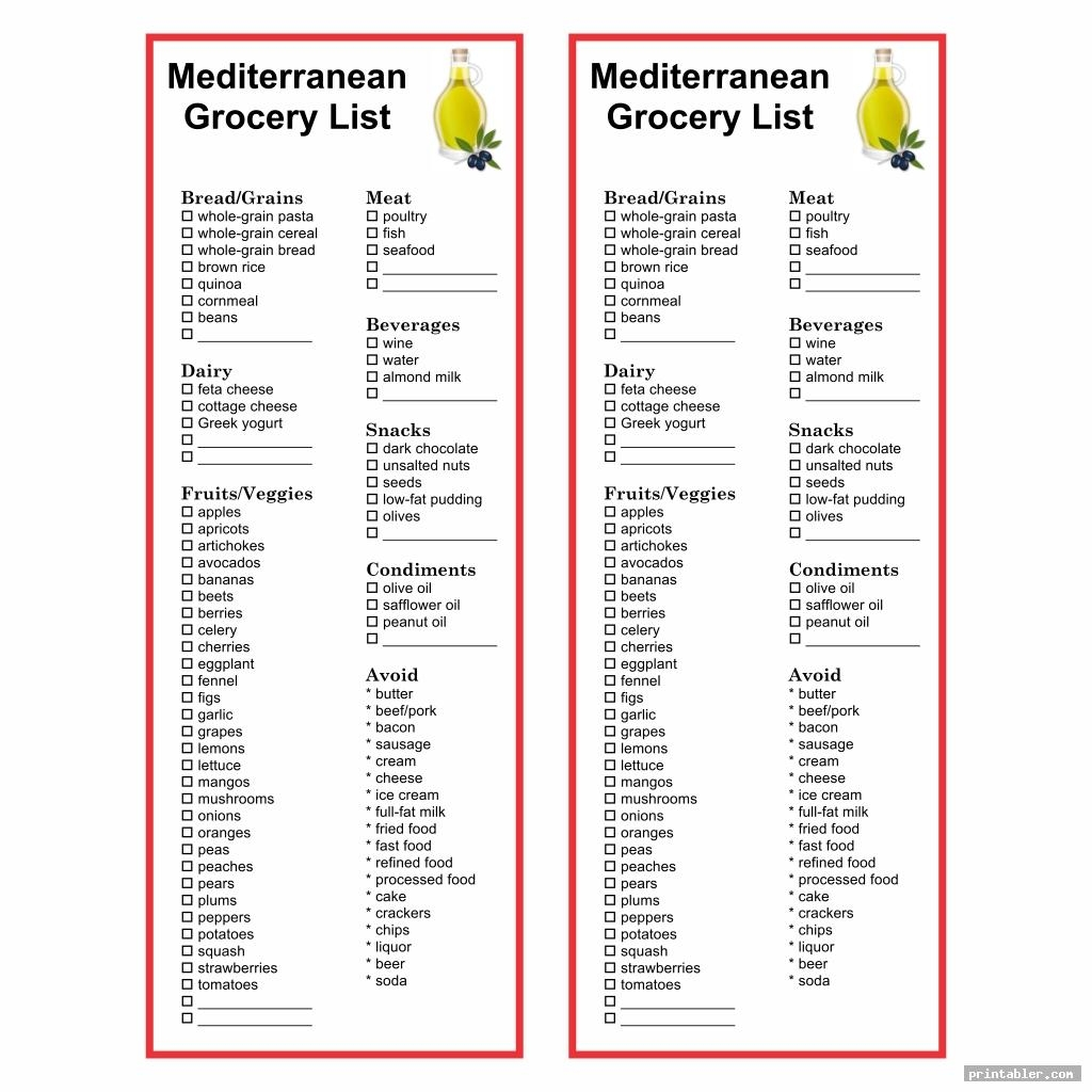 Mediterranean Diet Food List Printable Gridgit