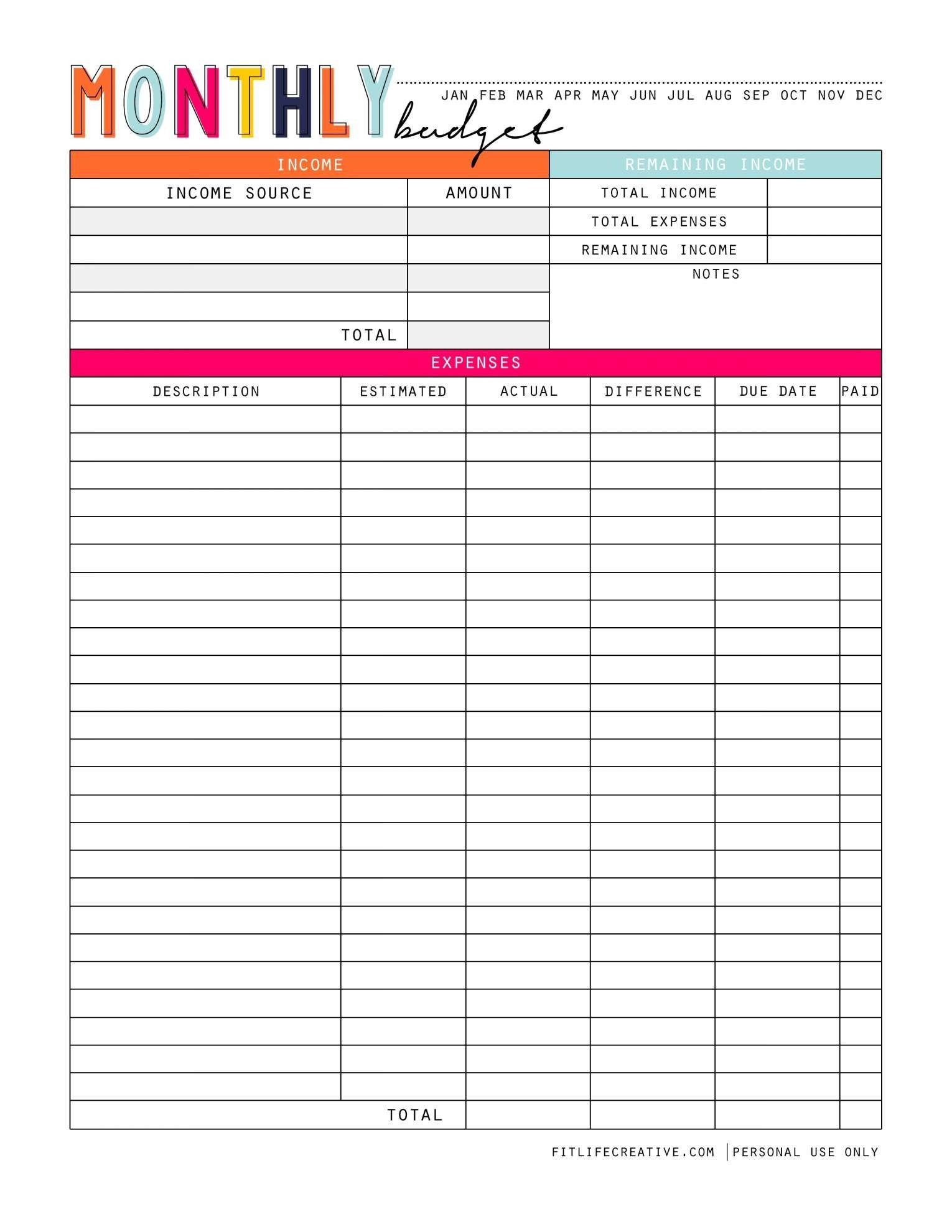 Monthly Budget Worksheet Printable