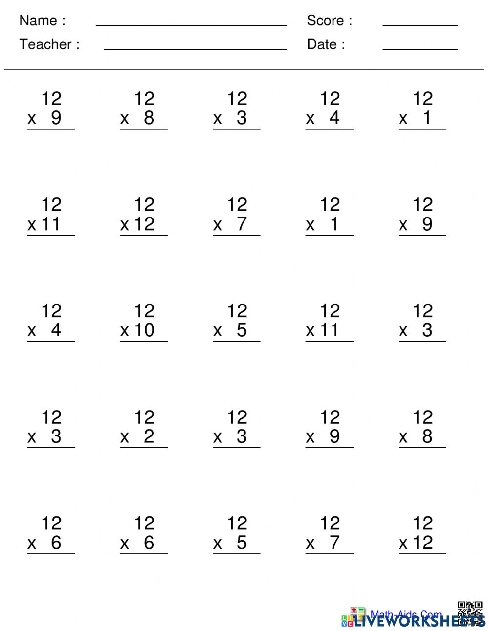Multiplication By 12 Worksheets Printable Worksheets