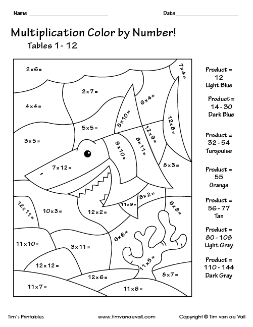 Multiplication color by number tables 1 12 500 Tim 39 s Printables