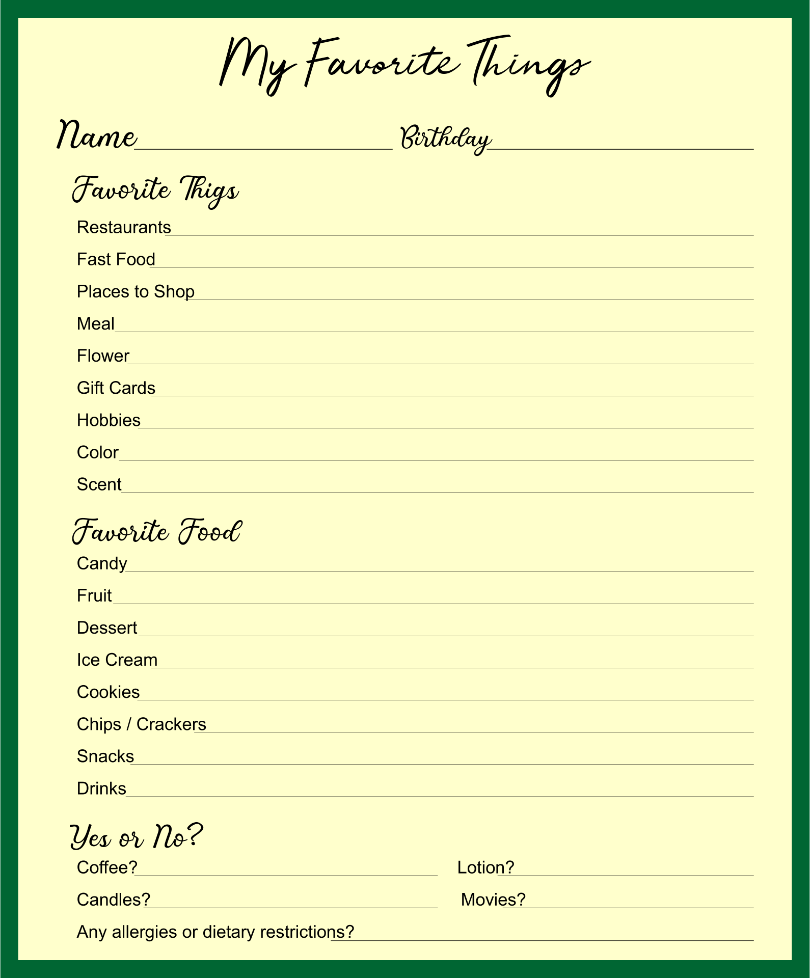 My Favorite Things List Printable Printable Word Searches